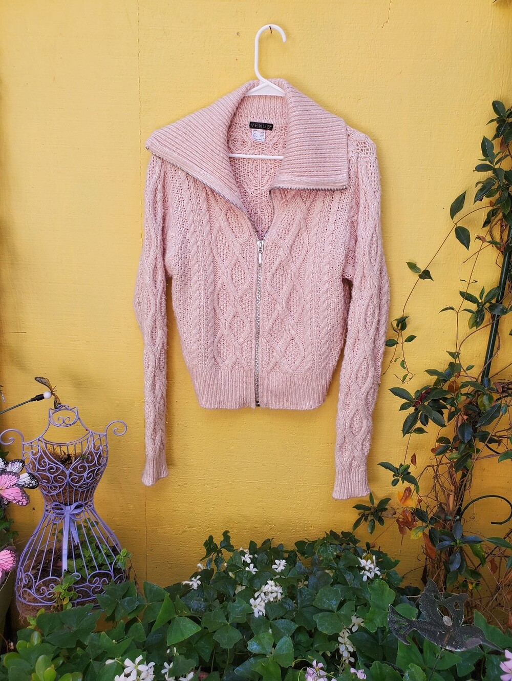 VENUS Blush Cable-Knit Zip Cardigan Sweater